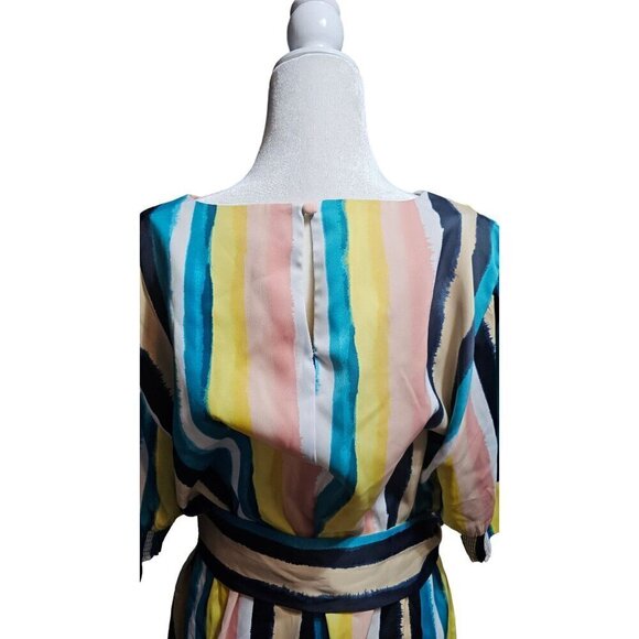 Lane Bryant satin short sleeve multicolor stripped blouse v-neck belt size 16 - Picture 3 of 7